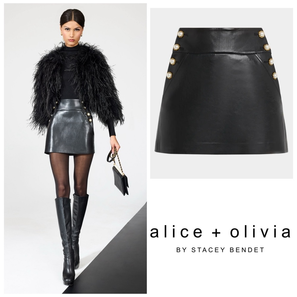 New ALICE + OLIVIA Donald High-Waisted Faux Vegan Leather Embellished Mini Skirt - Picture 3 of 16